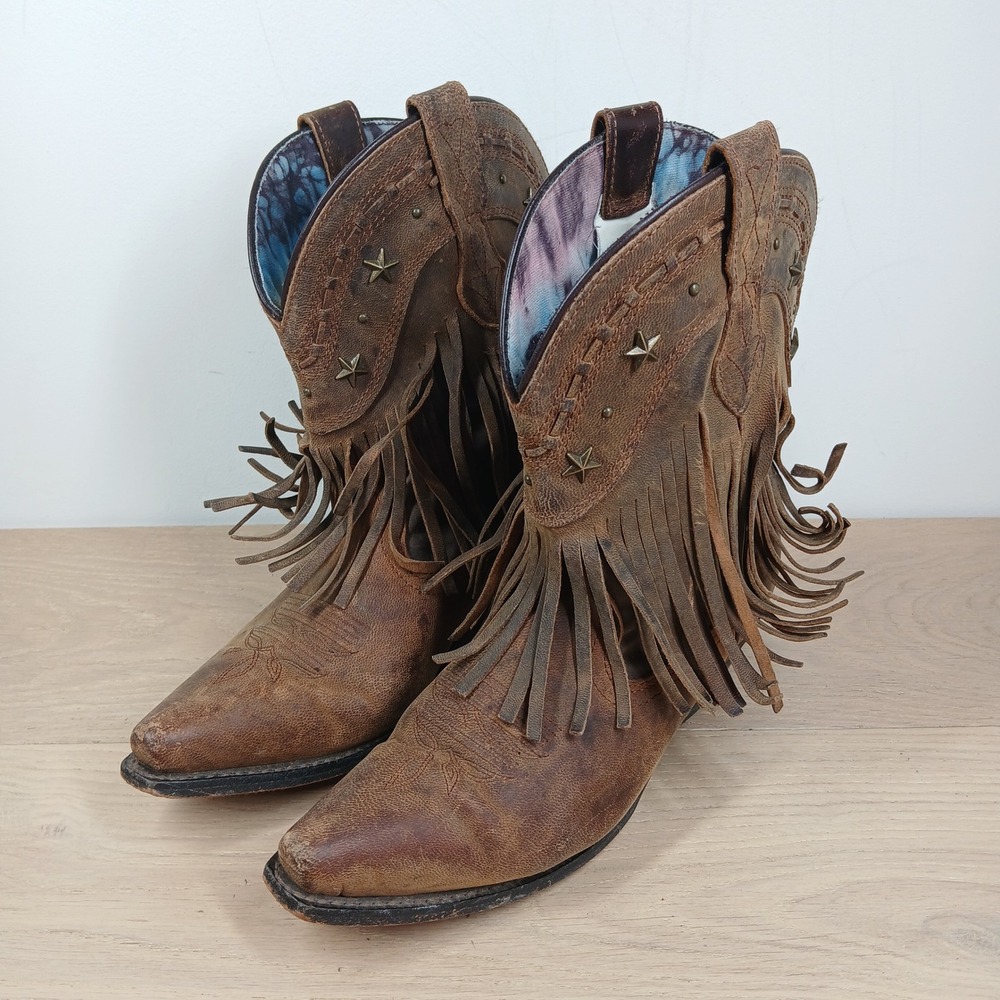 Boots Womens 8 Brown Leather Western Cowboy Fringe Studded Boho Rodeo